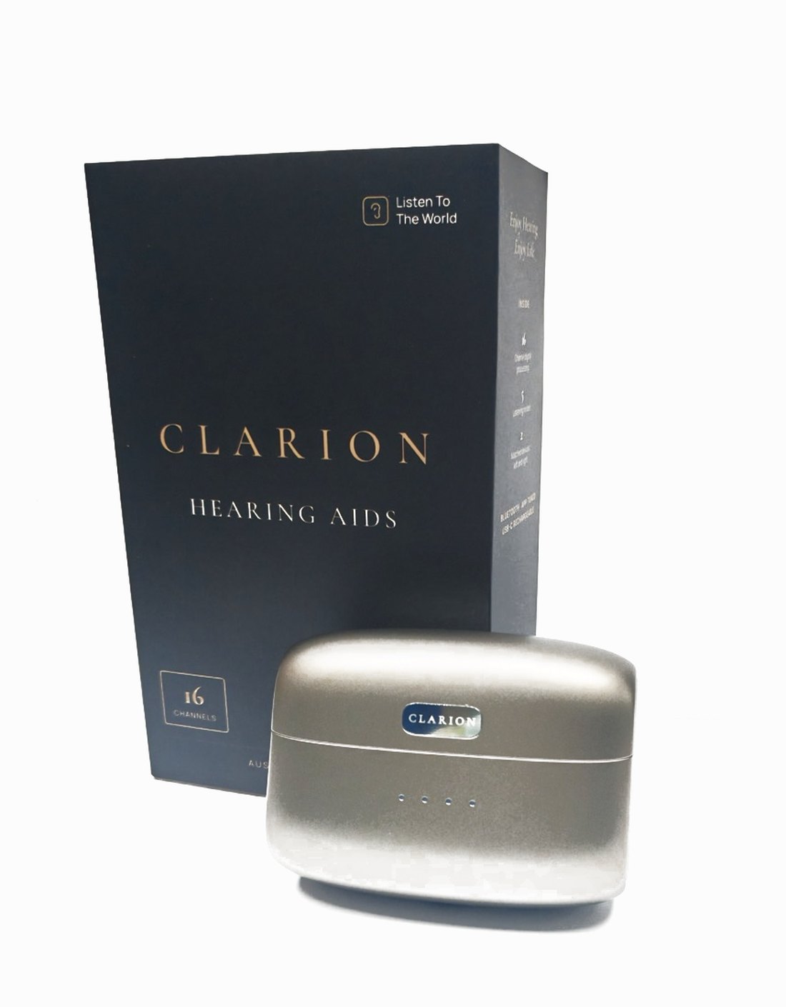 The Clarion retail box standing behind the champagne charging case, on white.