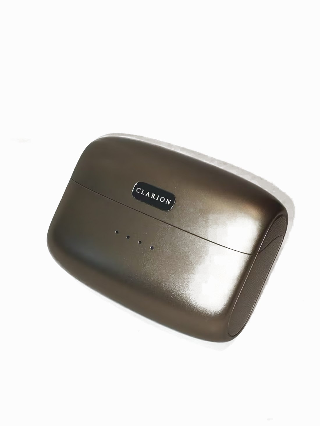 The closed charging case at a three-quarter angle on white, the CLARION nameplate catching the light.